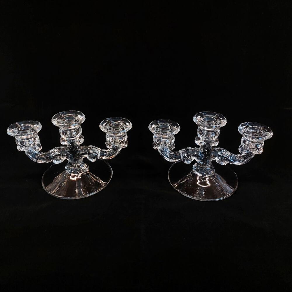 Vintage Clear Glass 3 Light Candelabra Pair 1930s Elegant Crystal Centerpiece